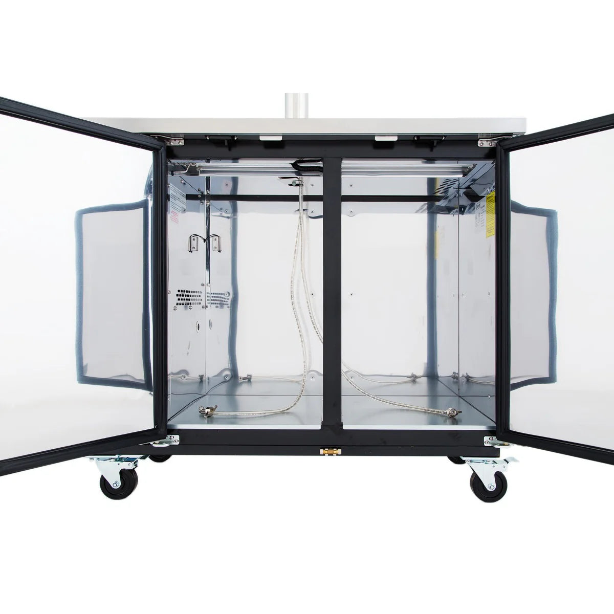 A stainless steel, mobile laboratory enclosure with dual transparent doors open wide, showing an empty interior with tubing, metal hooks, and a vent on the back wall—ideal for converting into a direct draw beer dispenser on four caster wheels.