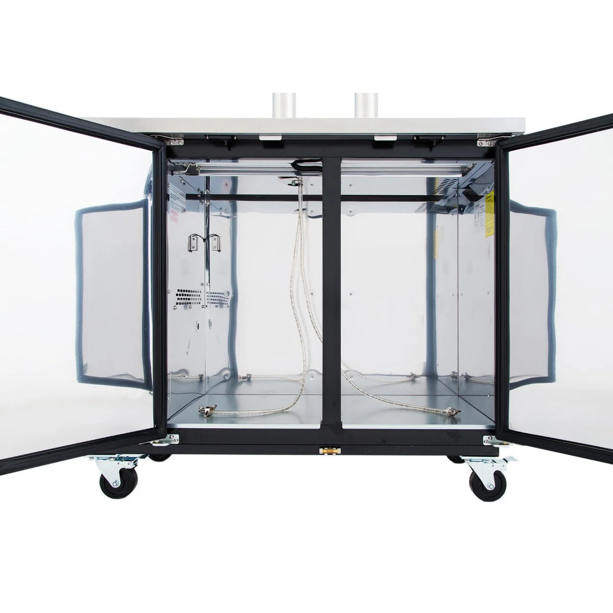 A stainless steel Direct draw beer dispenser cabinet with both transparent doors open, revealing an empty interior. The unit stands on four caster wheels, showcasing internal wiring and metal fixtures against a plain white background for a clean, industrial look.
