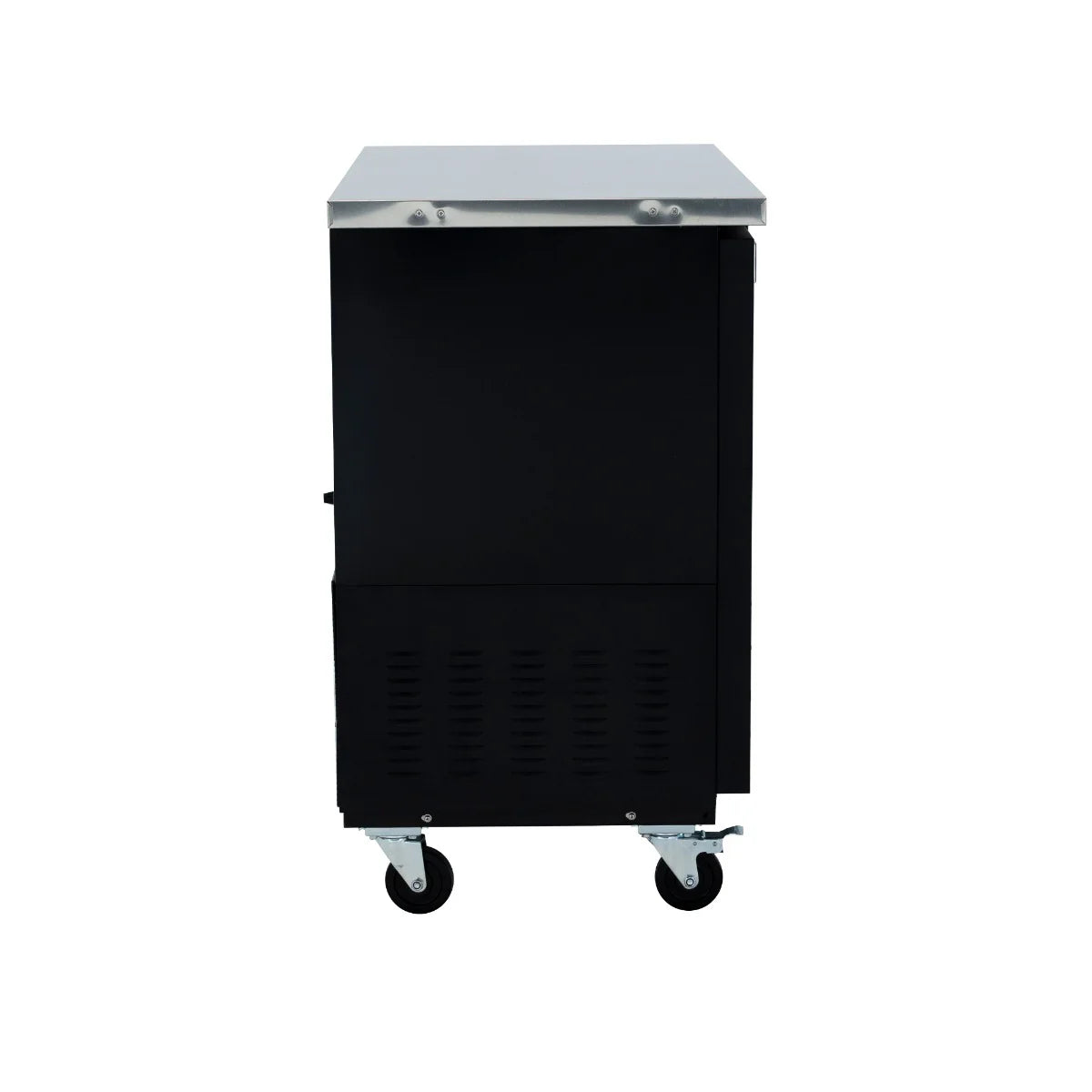 A black Empura Refrigeration unit with a stainless steel top is shown from the side. Featuring four caster wheels, a solid door, and lower ventilation grilles, this versatile back bar cooler stands out against a plain white background.