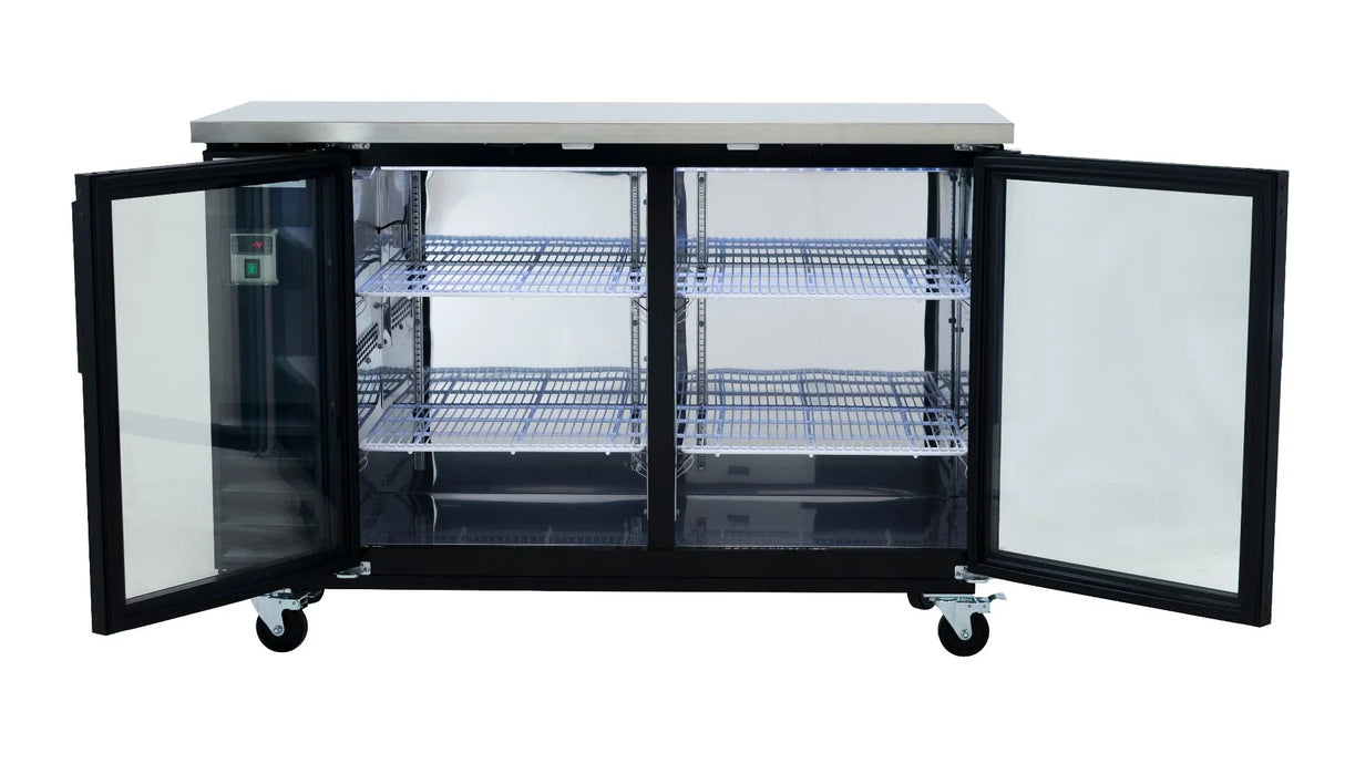 This Empura Refrigeration Back Bar Cooler features a stainless steel top, two clear glass doors that open outward, four wire shelves inside, and sits on four wheels for easy mobility. A digital control panel is visible on the interior left side.