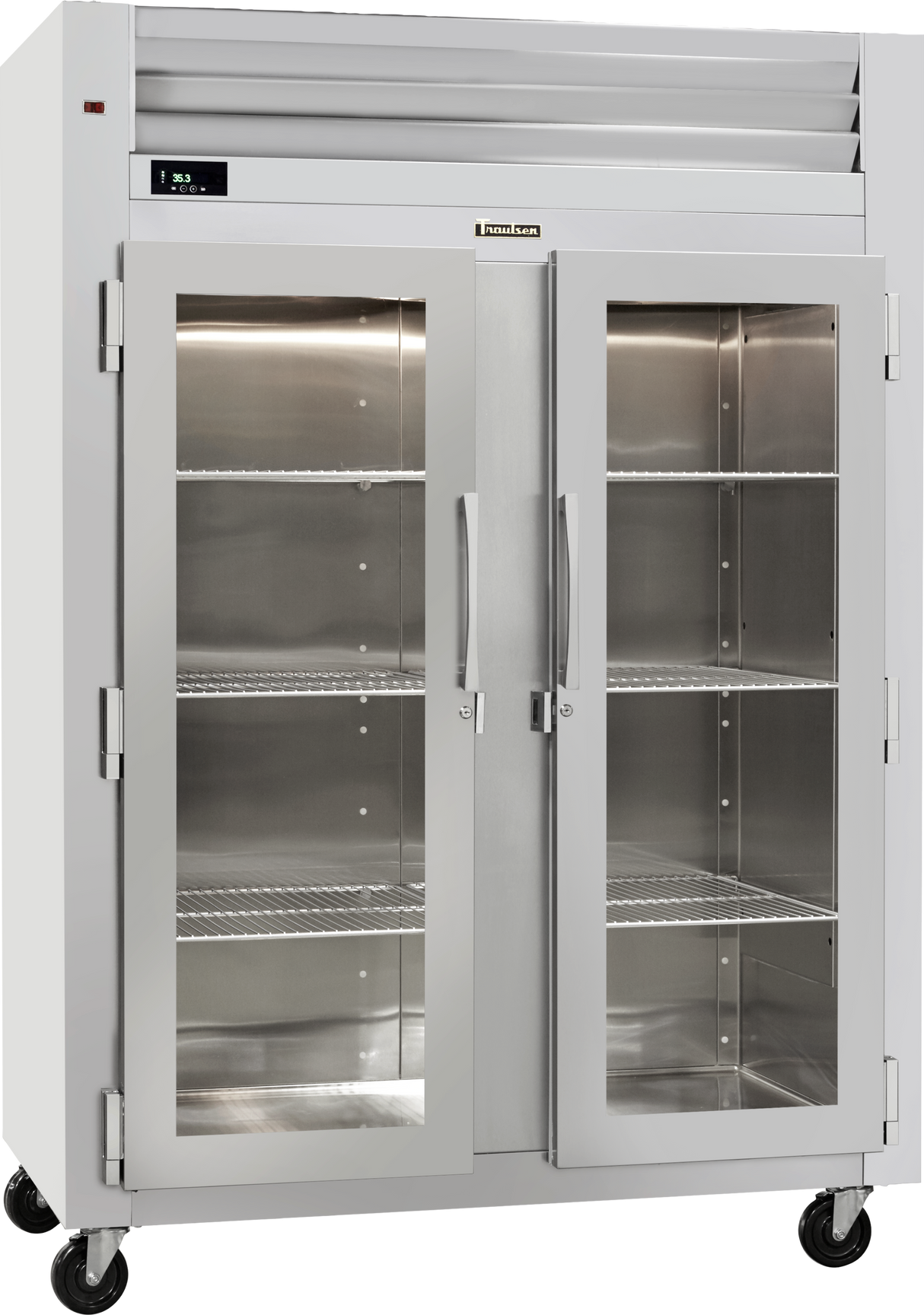 A large Spec-Line Refrigerator with double glass doors, interior wire shelves, and center handles. This stainless steel reach-in display unit features casters for mobility, ventilation slats at the top, and a digital temperature display.