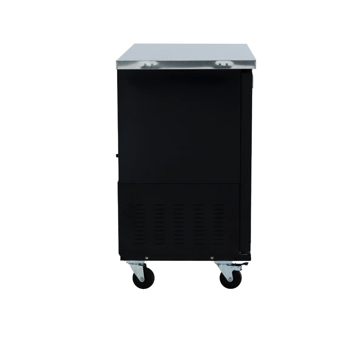 A black metal back bar cooler on four caster wheels, viewed from the front against a plain white background. The cabinet has a solid door with a vented section at the bottom and a flat, silver-colored top. Perfect for commercial refrigeration needs.