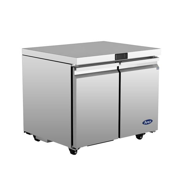 The Atosa USA stainless steel undercounter refrigerator features two front doors, sturdy handles, and four caster wheels for easy mobility. Its minimalist, modern design makes it ideal for any professional kitchen setup.