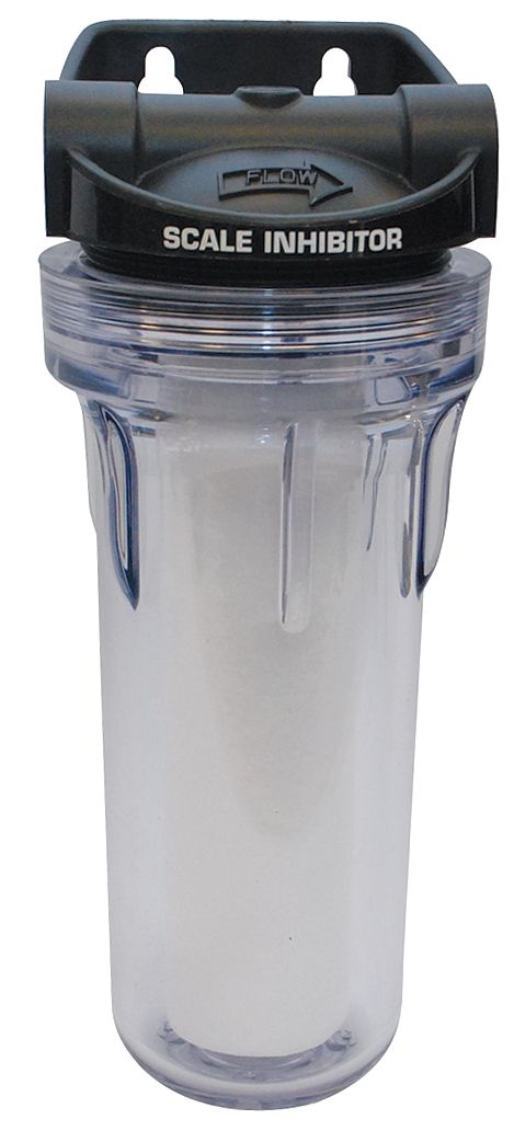 A transparent plastic Coarse Pre-filter housing with a black cap labeled SCALE INHIBITOR and a FLOW arrow. The cylindrical filter is ideal for cubers and flakers, with a white cartridge visible inside the clear chamber.
