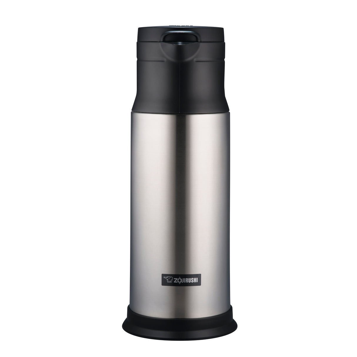 A stainless steel Zojirushi beverage server with vacuum insulation, featuring a black plastic lid and base. The upright cylindrical flask has a spout and a handle for easy dispensing, with the Zojirushi logo visible near the bottom.