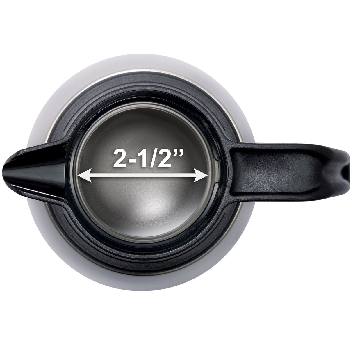 A top-down view of a stainless steel beverage server or insulated bottle, showing its open mouth with a black handle on the right. Inside, a white arrow and the text 2-1/2” indicate the bottle’s mouth diameter for optimal heat retention.