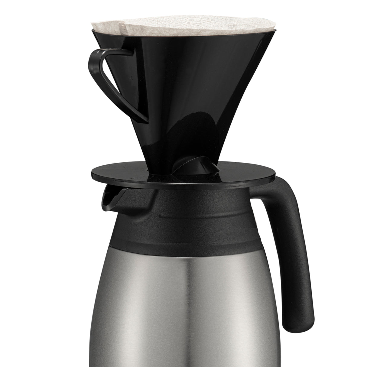 A black plastic coffee dripper with a paper filter sits atop a stainless steel beverage server with a black handle and lid, ready for pour-over coffee brewing. The setup boasts excellent heat retention and looks clean and minimal against a white background.