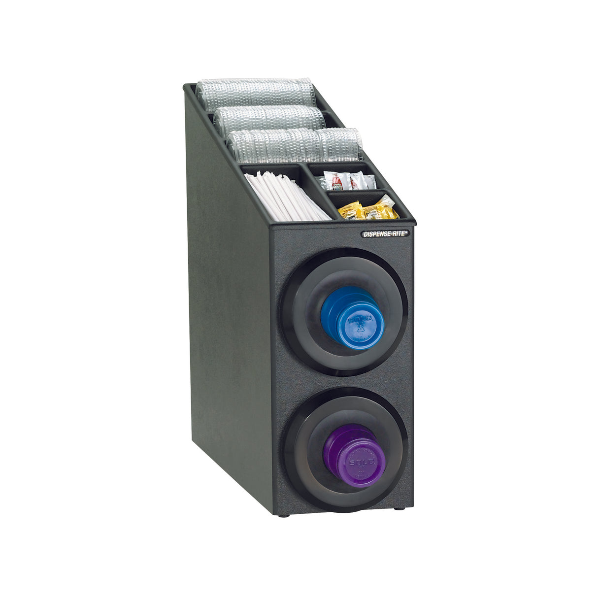 A black NSF cup dispensing cabinet holds stacked disposable cups, lids, straws, napkins, sugar packets, and creamer packets. Two compartments in front display blue and purple plastic lids. The organizer has a slanted top with divided sections.