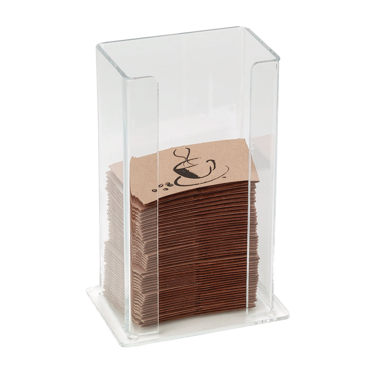 A clear polystyrene dispenser holds a neat stack of brown paper napkins with a black ampersand and coffee steam design. The dispenser has an open front for easy, spring-loaded access to the napkins.