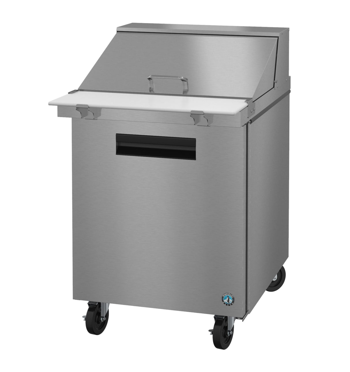 A Hoshizaki Steelheart Series Mega Top Refrigerator, this stainless steel commercial food prep fridge features a hinged top lid, cutting board surface, cabinet door with handle, four caster wheels, and a compact rectangular design with a small blue logo.