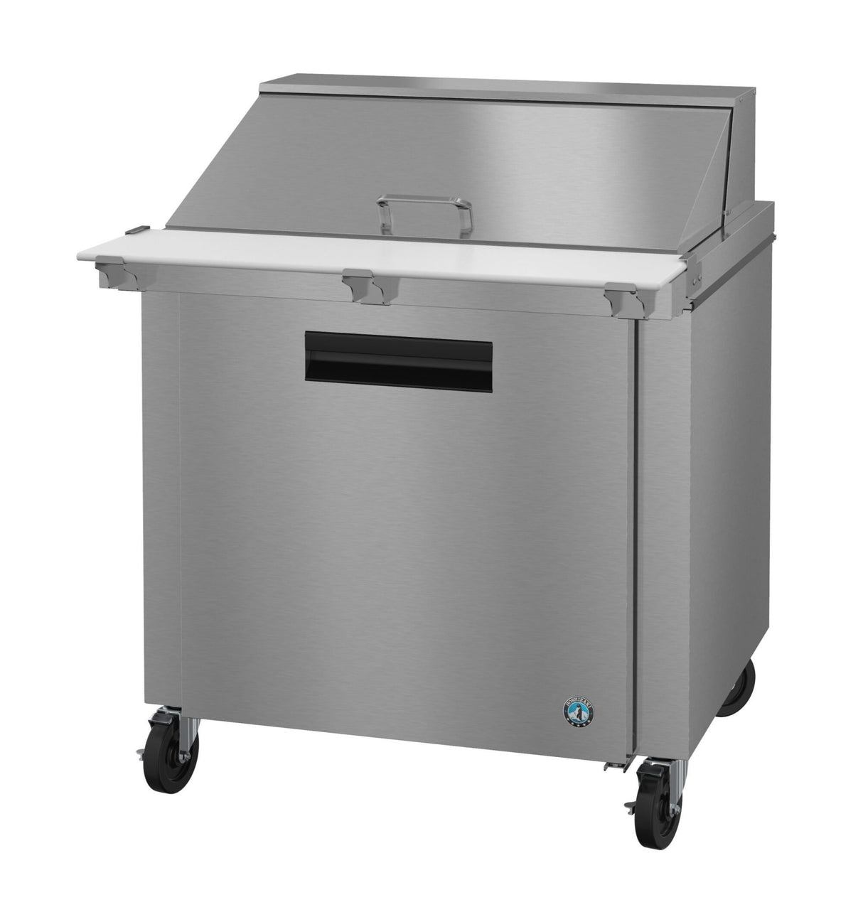 A Hoshizaki Steelheart Series Mega Top Refrigerator, this stainless steel commercial prep table features a white cutting board, raised back lid, black recessed handle, four caster wheels, and a lower reach-in refrigerated section for optimal food storage.