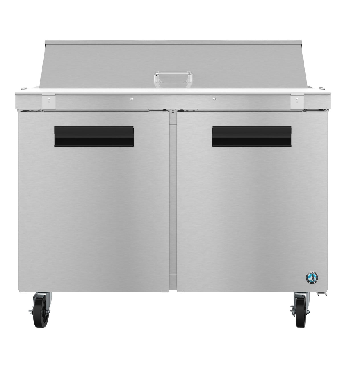 A Hoshizaki stainless steel sandwich top refrigerator prep table with two black-handled doors, four wheels, and an upper food prep area. This unit features a minimalist, industrial design and a small round logo on the lower right corner.