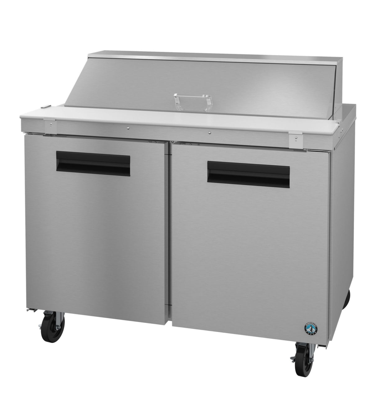 A Hoshizaki Sandwich Top Refrigerator with two stainless steel doors, black handles, and four wheels. Its raised lid is perfect for food storage in a prep station, showcasing a clean, industrial design with a brushed metal finish.