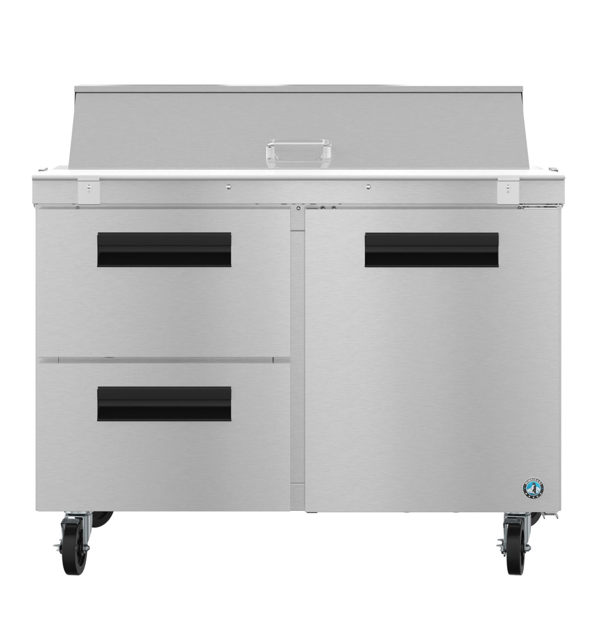 A Hoshizaki Steelheart Series prep table featuring two left drawers, two right doors, black handles, casters for mobility, and a raised back section with covered compartment—ideal as a kitchen or restaurant sandwich top refrigerator.