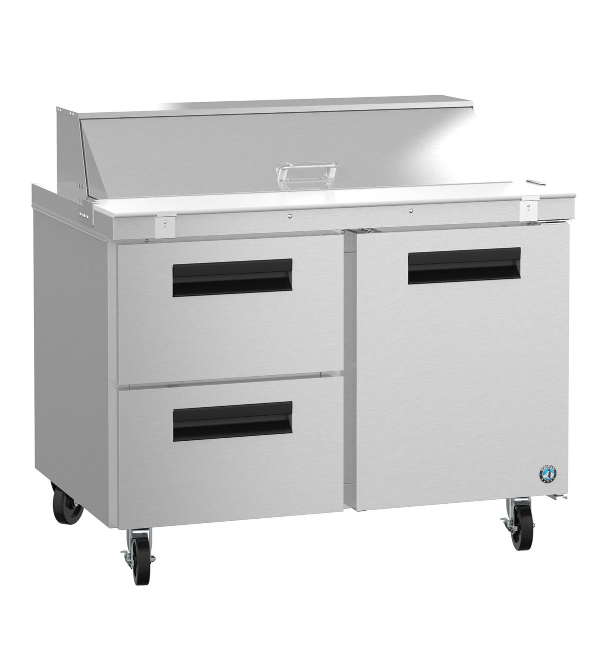 A Hoshizaki Steelheart Series sandwich top refrigerator prep table on wheels, featuring two left drawers and a right double-door cabinet. The raised, lidded section is ideal for food prep, while black handles accent each drawer and door.