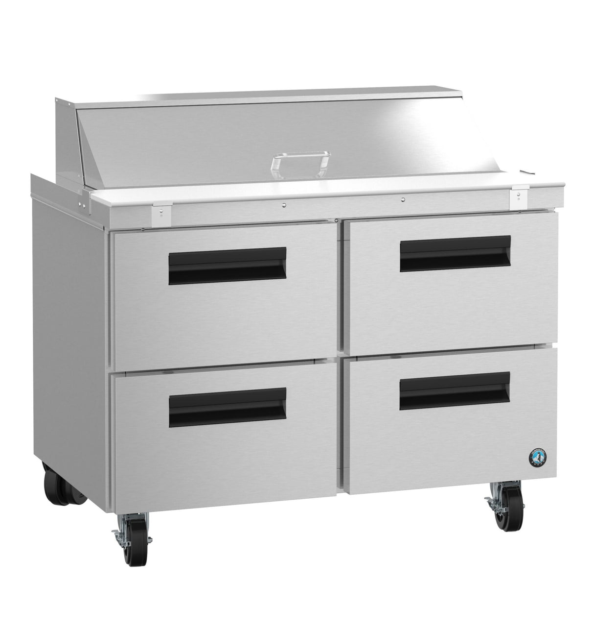 A stainless steel commercial kitchen prep table on wheels, featuring a closed top lid with handle, four pull-out drawers with black handles, and a compact design—ideal for pairing with your reach-in refrigerator for efficient food preparation and storage.