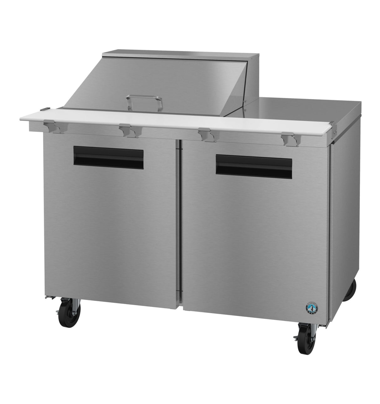 A commercial stainless steel Hoshizaki Steelheart mega top refrigerator prep table with two doors, black handles, casters, and an elevated covered section for ingredients. This unit features a flat work surface and boasts a modern, industrial appearance.
