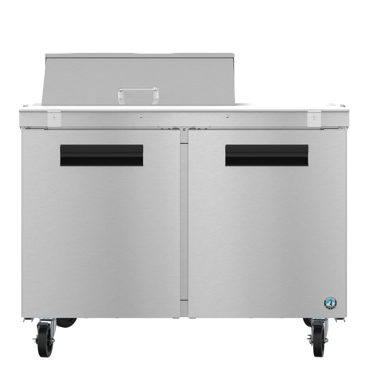 A Hoshizaki Steelheart Series sandwich top refrigerator with two black-handled doors, four caster wheels, and an elevated lid at the back for food prep. The smooth stainless surface features a small round logo in the lower right corner.