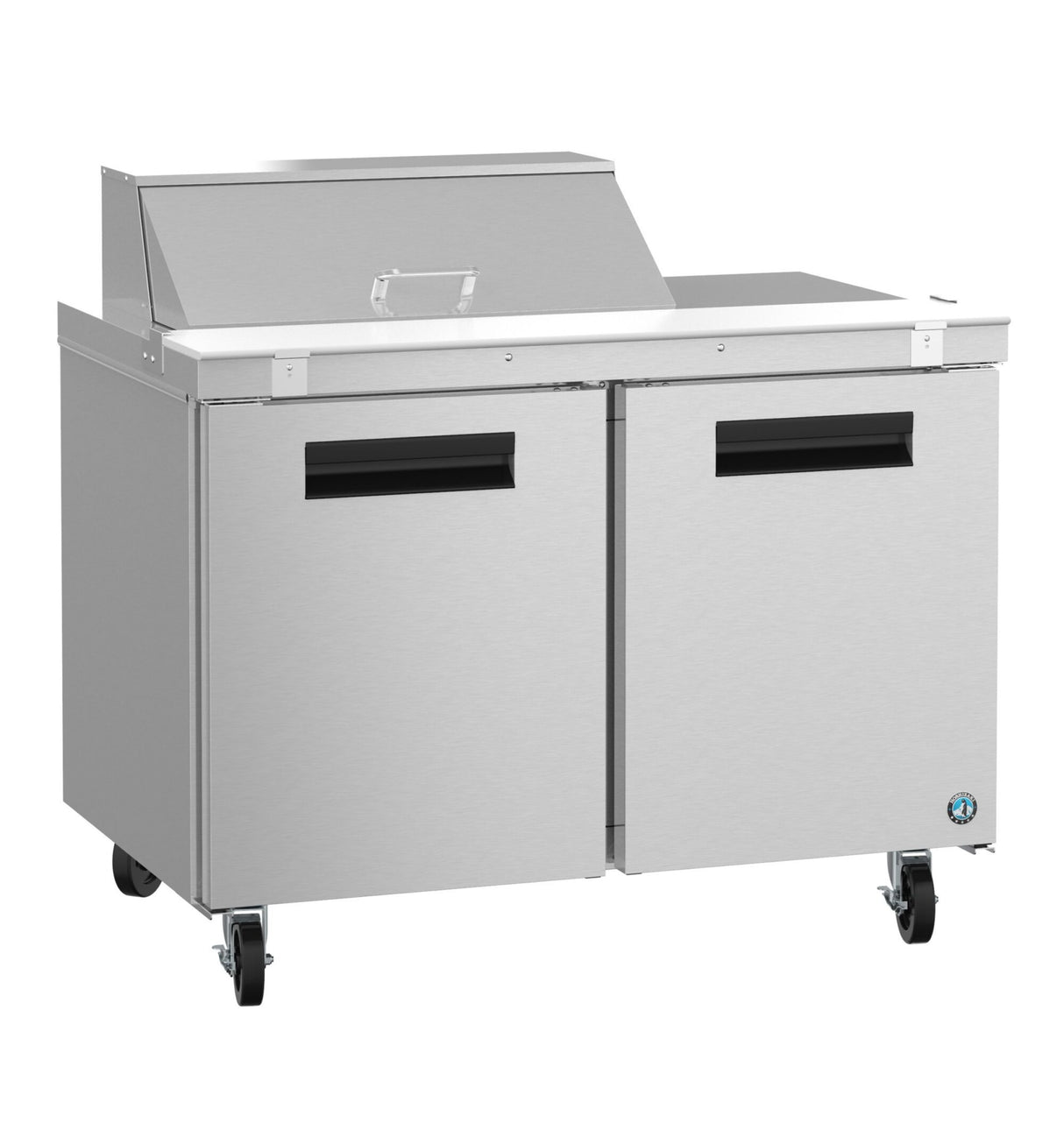 A Hoshizaki Steelheart Series sandwich top refrigerator, this stainless steel commercial prep table features two doors, black handles, four wheels, a flat work surface, a raised back with hinged lid, and a blue circular logo on the lower right corner.