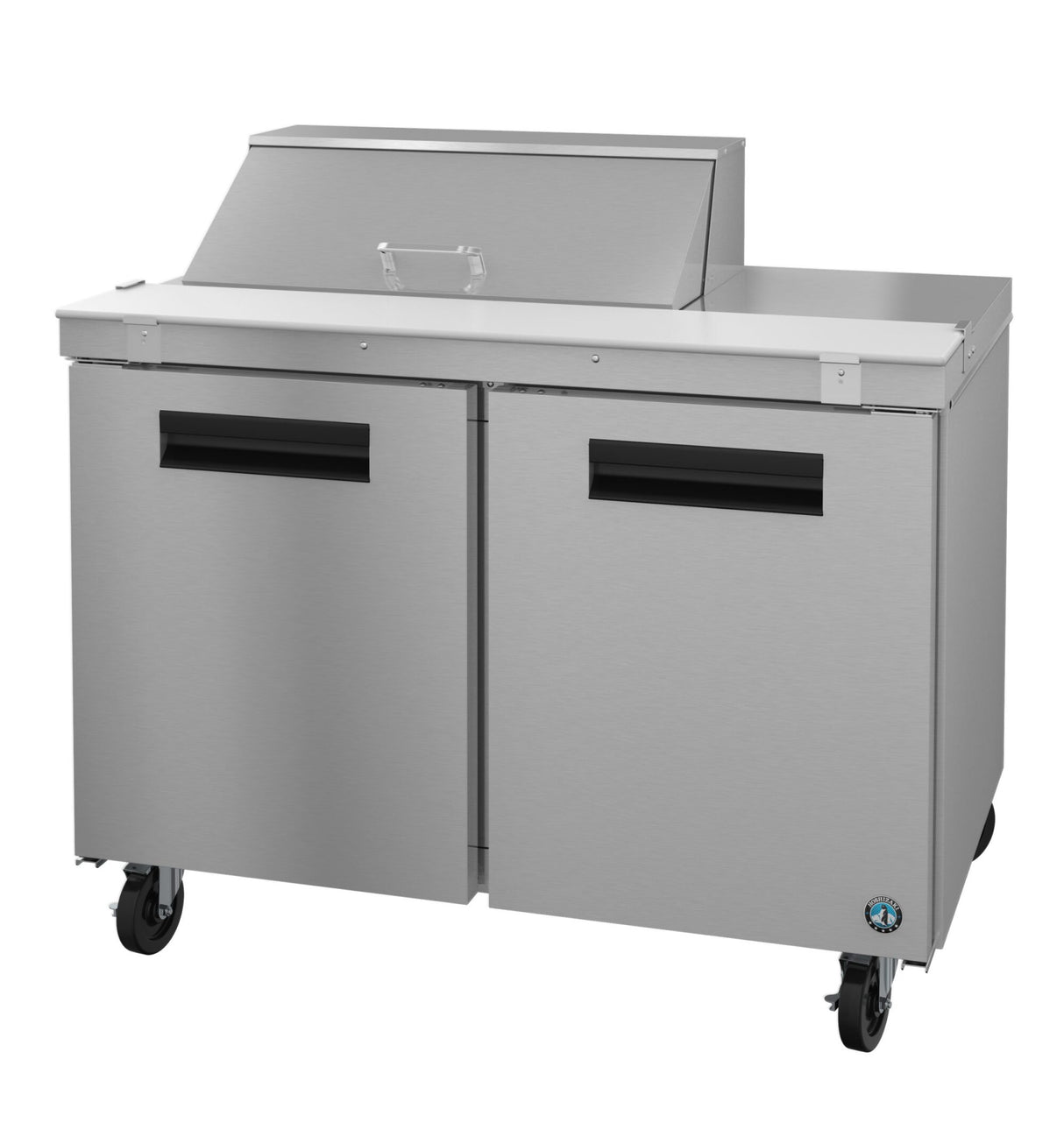 A Hoshizaki Steelheart Series sandwich top refrigerator, this commercial stainless steel food prep table features two doors, black handles, four caster wheels, and a raised covered section for ingredients or condiments on top.