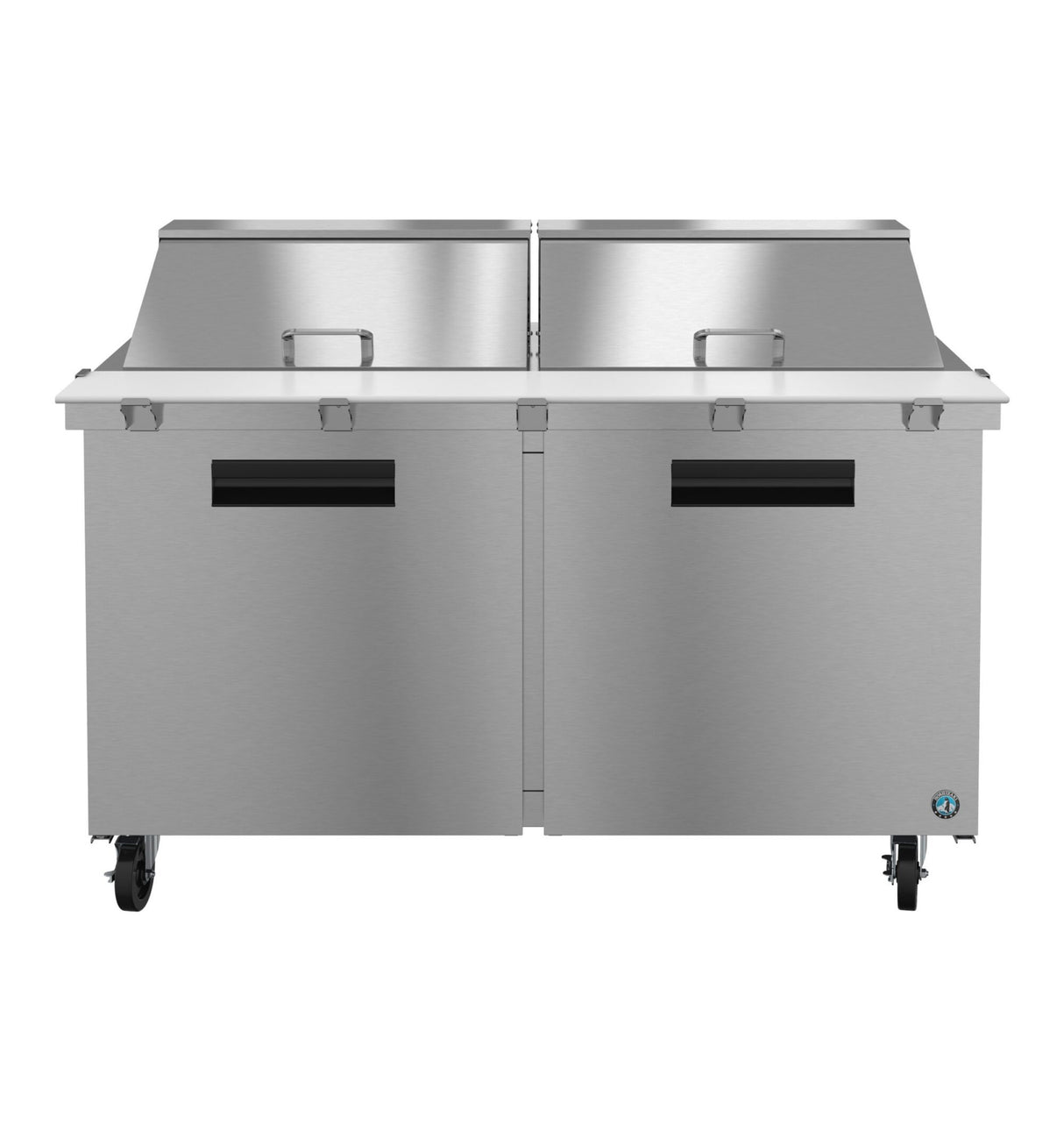A stainless steel commercial prep table features a mega top refrigerator with two lidded compartments on top, two doors below with black handles, and four caster wheels. Its sleek, modern design is ideal for any restaurant or kitchen space.
