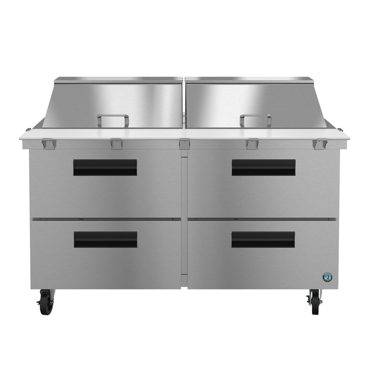 The Hoshizaki SR60B-24MD4 Steelheart Series Mega Top Refrigerator features four drawers, two lift-up lids, black handles, and caster wheels—ideal for restaurant kitchens needing reliable food prep and storage.