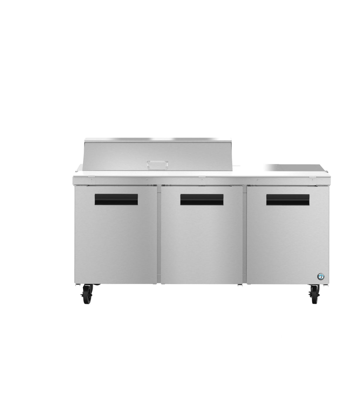 A Hoshizaki SR72B-12 Steelheart Series commercial kitchen prep table features three lower storage compartments, a raised back section with closed lid, and four wheels for mobility, shown against a plain white background.