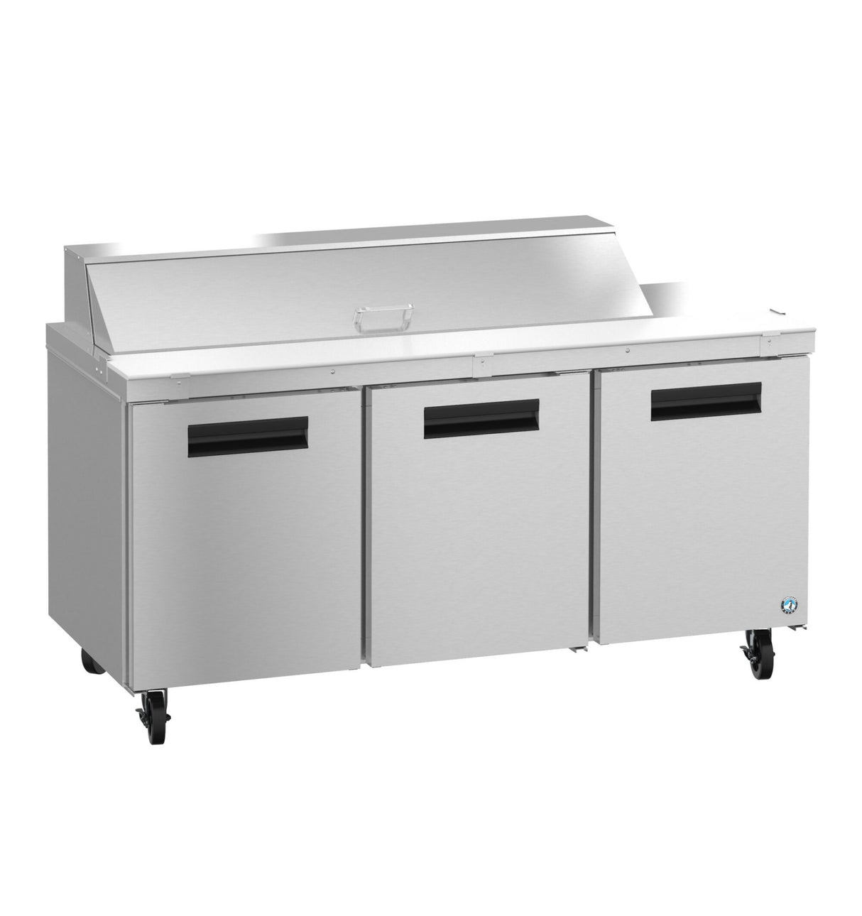 A commercial three-section stainless steel prep table with black handles and four caster wheels. The raised back section features a closed hinged lid, making it ideal as a sandwich top refrigerator for storing ingredients or pans.