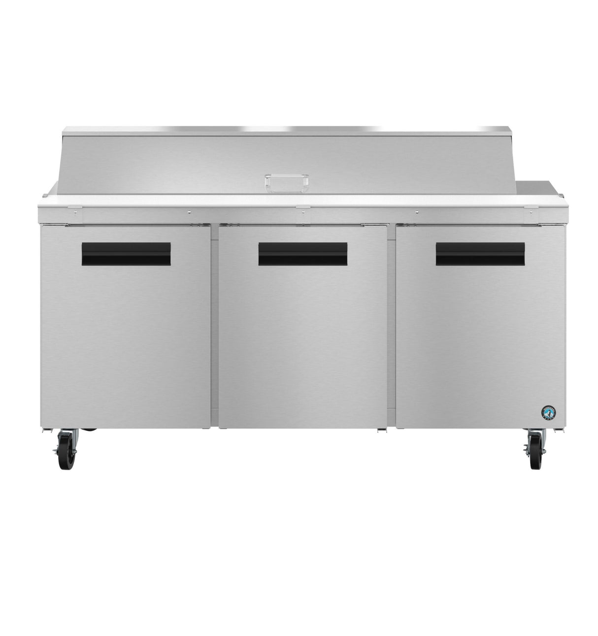 The Hoshizaki Steelheart Series Sandwich Top Refrigerator is a large commercial stainless steel prep table with three doors and black handles on wheels. Its raised top section with lid is ideal for food preparation in restaurant kitchens.
