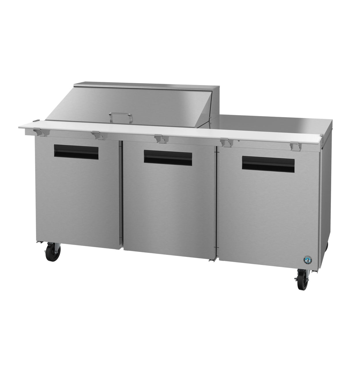 A Hoshizaki SR72B-18M commercial stainless steel prep table with three doors, black handles, a flip-up lid over the raised back section, and four caster wheels. This Mega Top Refrigerator is ideal for restaurant kitchens needing food prep and cold storage.