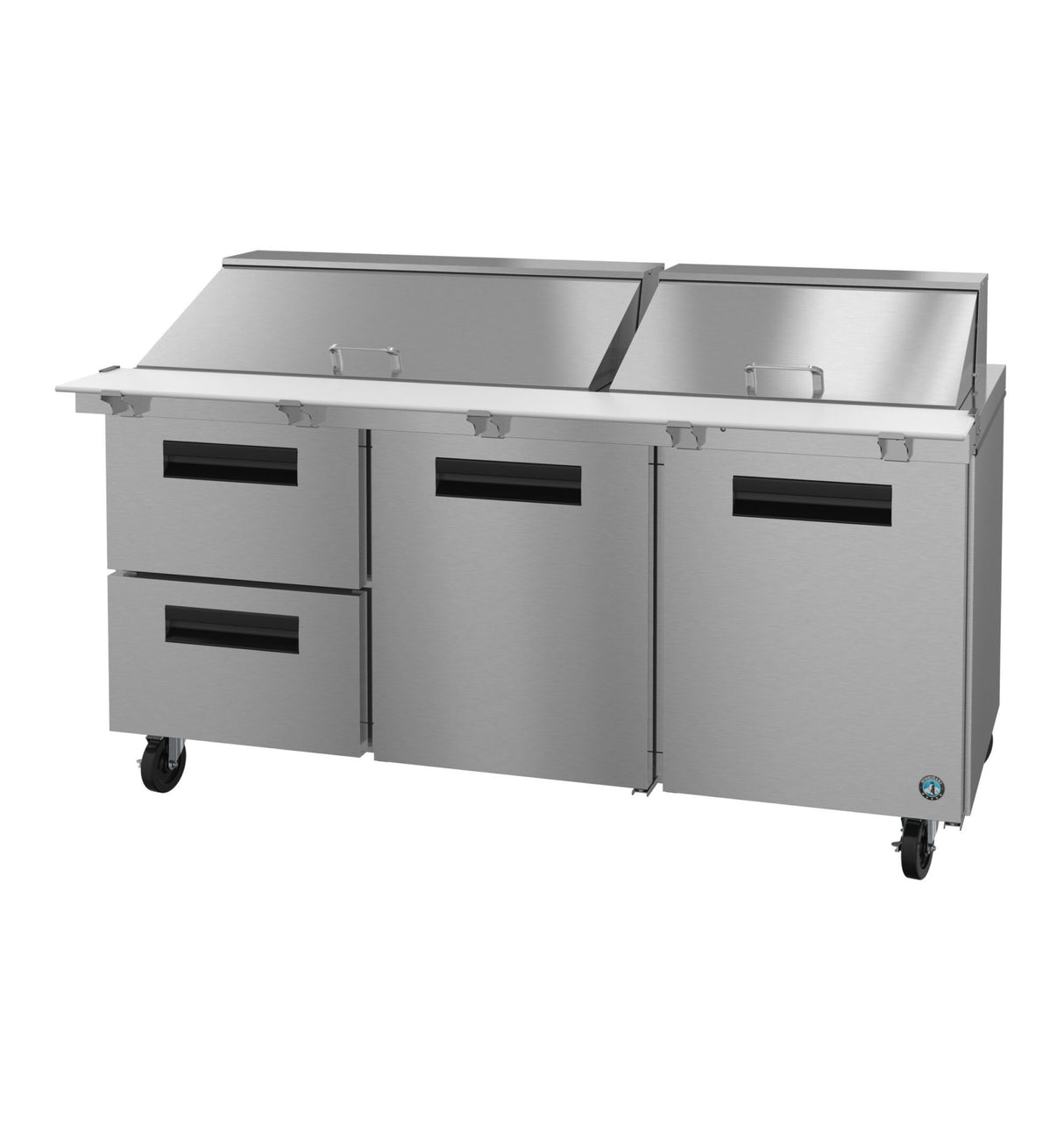This 72-Inch Mega Top Refrigerator prep table features a stainless steel construction, four doors, two drawers with horizontal black handles, dual top sections with hinged lids, and sturdy black caster wheels for easy mobility.