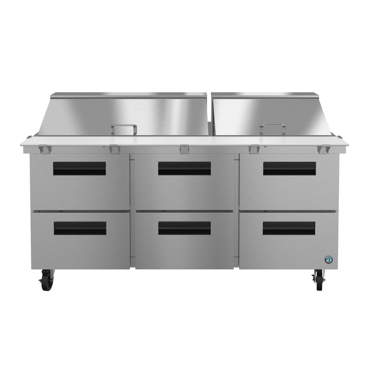 A large stainless steel commercial kitchen prep table with six drawers, two raised slanted prep areas on top with hinged lids, and caster wheels for mobility. Its design complements a 72 inch refrigerator for efficient food preparation and storage.