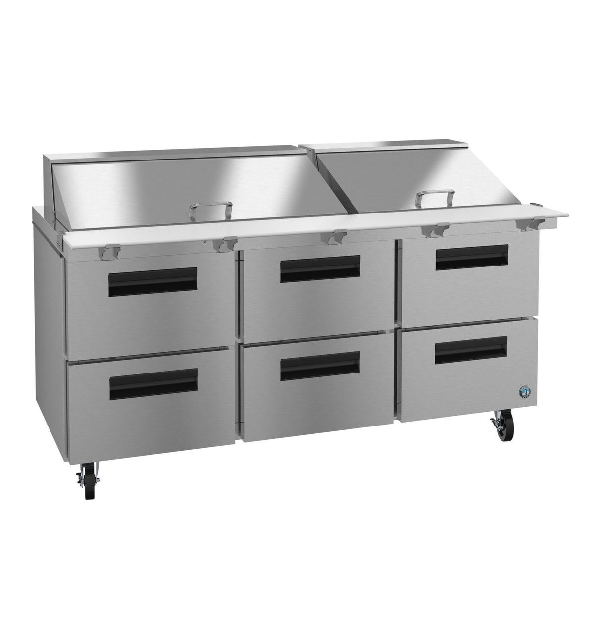 A commercial Mega Top Refrigerator prep table with two lidded compartments on top and six pull-out drawers below, each with a horizontal handle. The unit has wheels for mobility and a sleek, modern design, ideal for any professional kitchen.