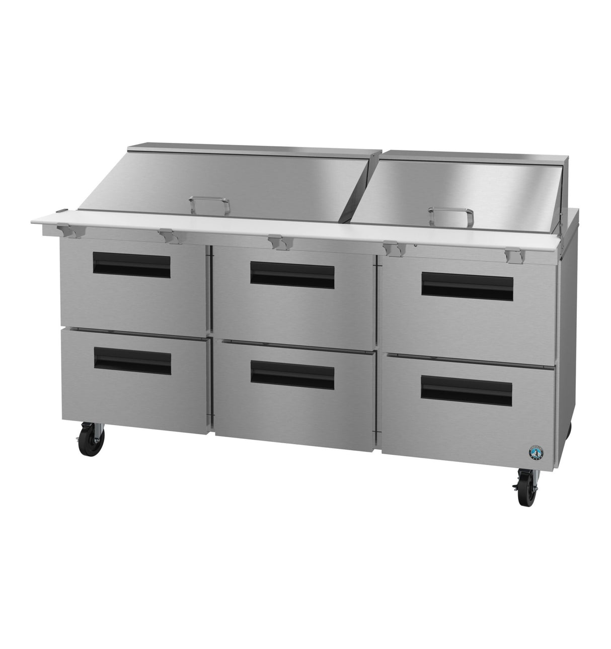 A large 72 inch stainless steel refrigerator with six drawers, two top compartments with angled lids, and wheels for mobility. The clean, reflective surface makes it ideal for professional kitchens or food service settings.