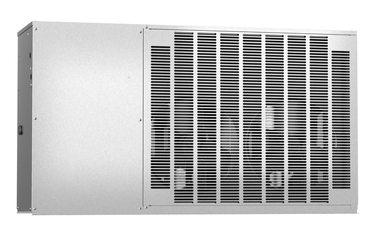A large, rectangular, wall-mounted metal ventilation unit with a perforated front grille for airflow, featuring horizontal and vertical slats. This industrial Remote Condenser uses R-404A refrigerant and has a smooth solid panel on the left side.