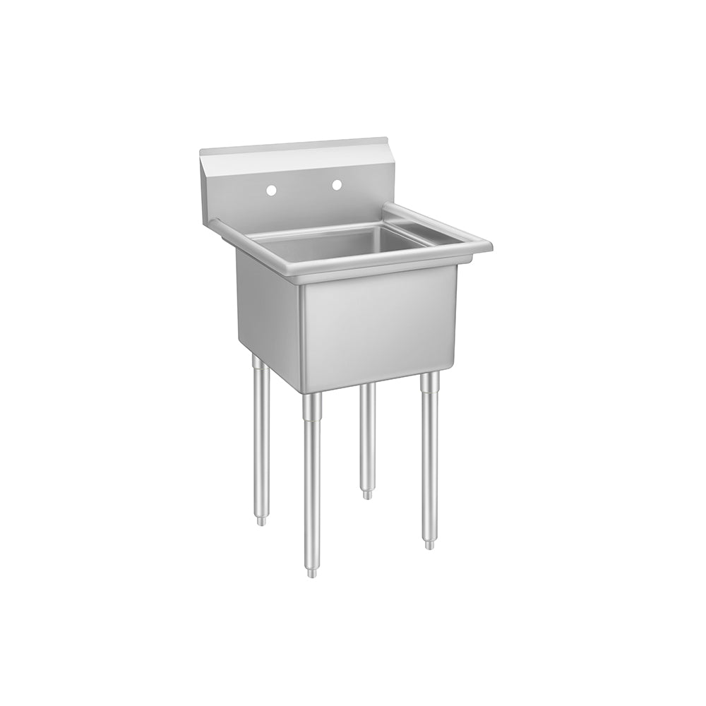 A MixRite 1-compartment stainless steel sink with a deep rectangular basin, four tall legs, and a high backsplash featuring two faucet holes. The sink is isolated on a plain white background.