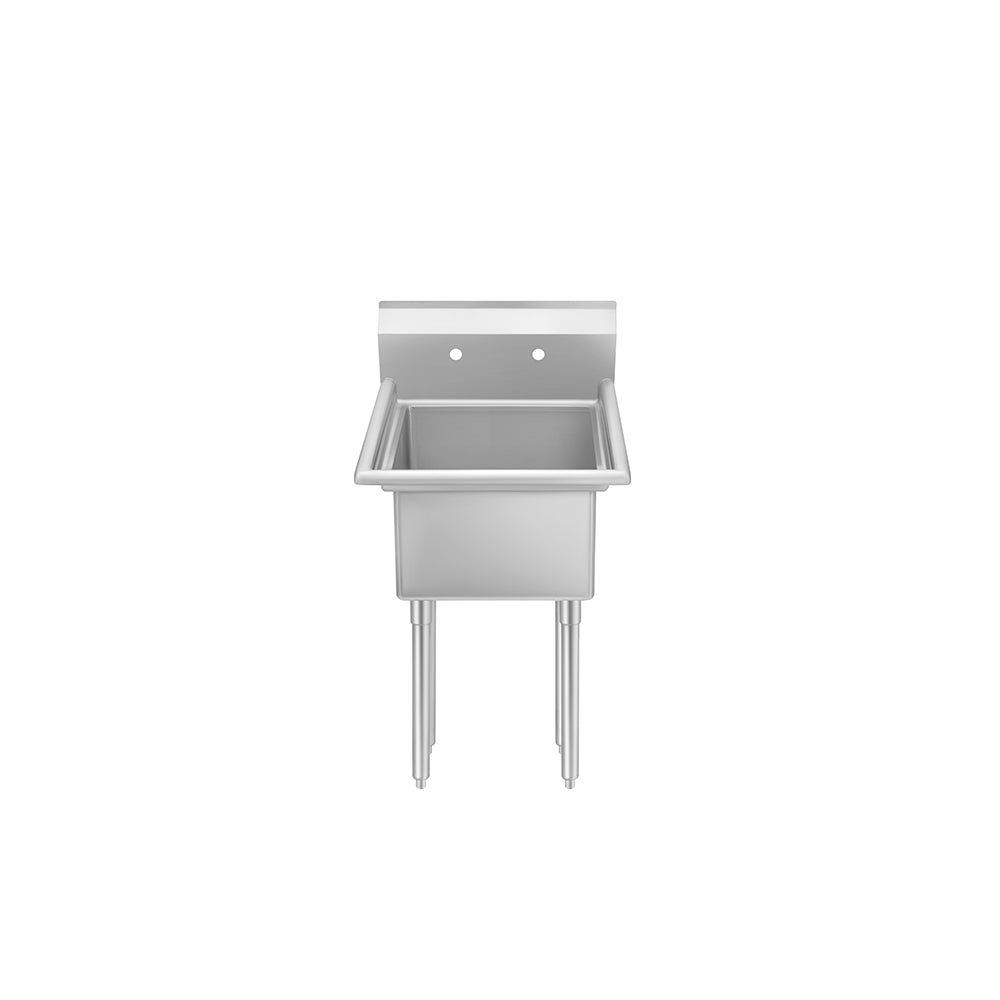 Front view of a MixRite 1-compartment stainless steel sink featuring a rectangular basin, two vertical legs, a short backsplash with two faucet holes, and angled side supports, all set against a plain white background.