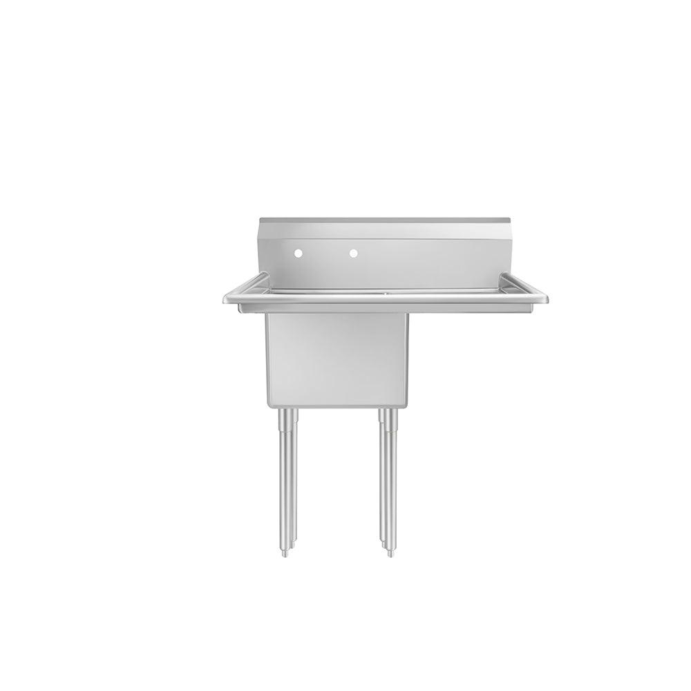 The MixRite Sink is a stainless steel 1-compartment sink with a high backsplash, four tall cylindrical legs, a deep rectangular basin, flat draining surface to the right, and two pre-drilled faucet holes. The background is plain white.