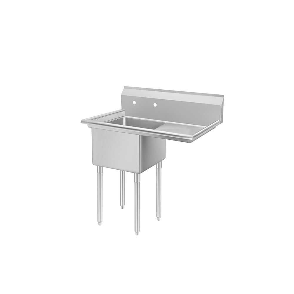 The MixRite Sink is a stainless steel 1-compartment sink featuring four sturdy legs, a deep rectangular basin, a raised backsplash with two faucet holes, and a right-side drainboard. The sink is displayed on a plain white background.