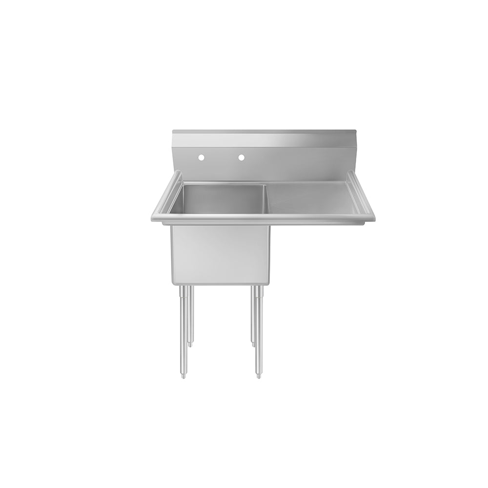 The MixRite Sink is a stainless steel 1-compartment sink with a backsplash, deep left basin, right drainboard, and four straight legs. Featuring two pre-drilled faucet holes, it offers a clean, minimalist design isolated on a white background.