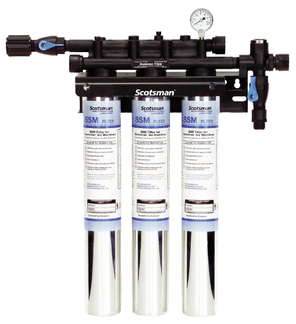 A Scotsman triple water filter assembly with three vertical cartridges, ideal for cubers over 1 200 lb, features a pressure gauge on top and black plastic connectors. Each filter is labeled in blue and black text against a white background.