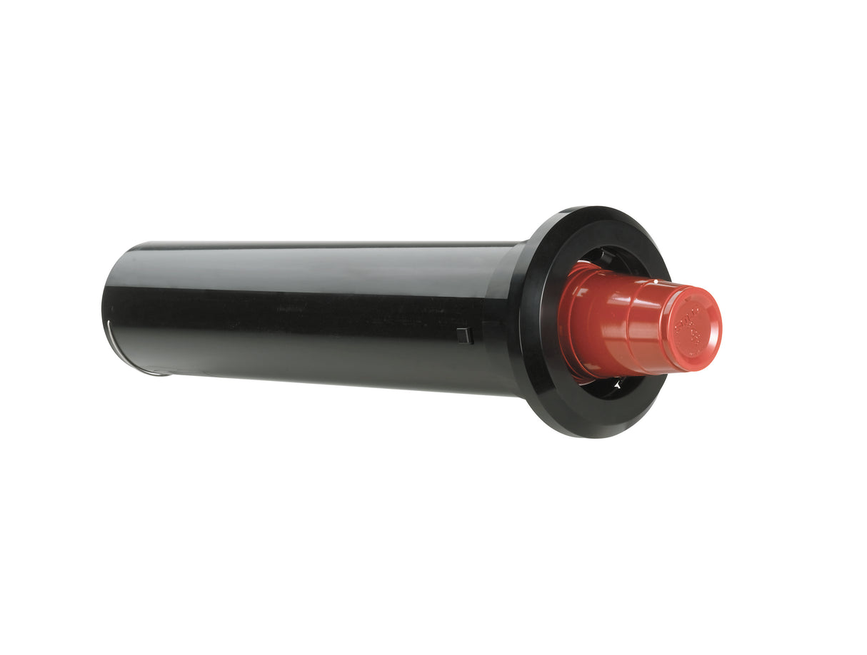 A black cylindrical sprinkler body with a wide circular base and an adjustable red plastic cap covering the top nozzle, photographed against a white background. The object is positioned diagonally, showing its length and flat end clearly.