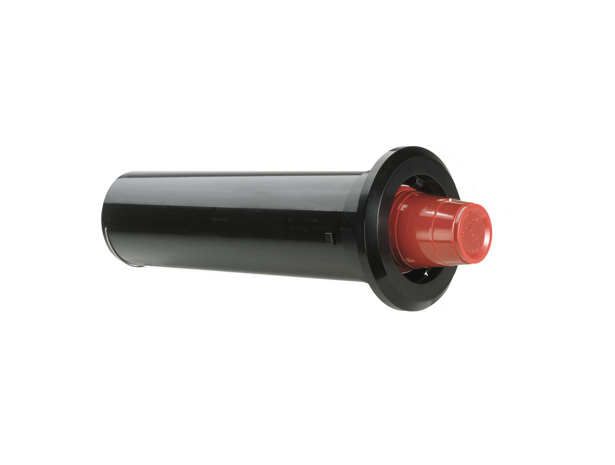 A black adjustable cylindrical sprinkler head with a flared base and red cap, photographed against a white background, showing its main body and capped nozzle designed for lawn irrigation systems.