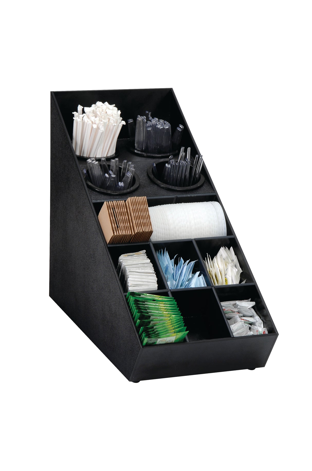 A black plastic condiment organizer with angled shelves holds white stir sticks, black straws, cups, napkins, brown sleeves, sugar packets, and sweeteners in neat compartments for easy access—perfect for coffee stations.