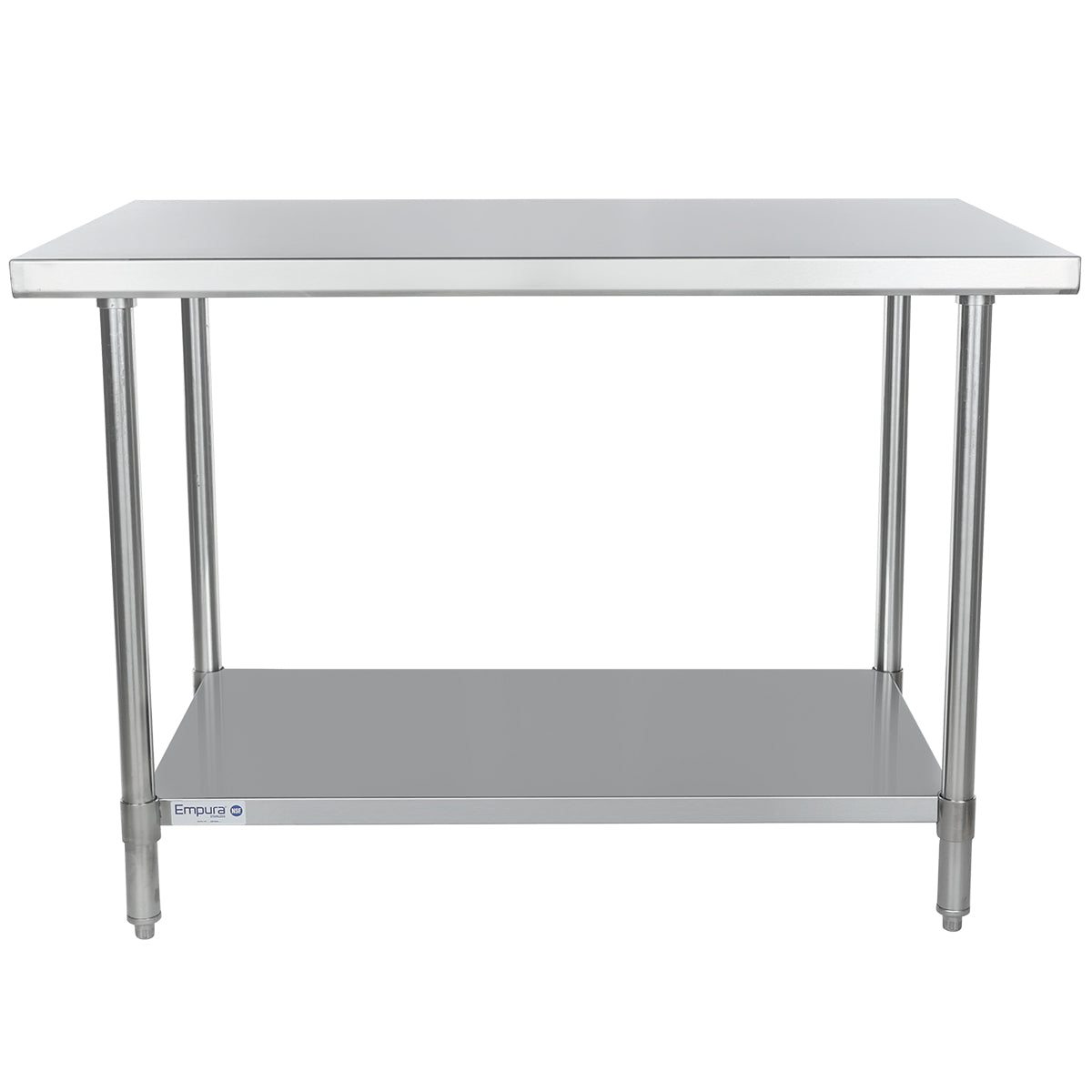 A stainless steel NSF work table with a flat top and undershelf. Featuring four cylindrical legs with adjustable feet, its simple, industrial design suits kitchens or commercial use. The Empura brand logo is visible on the bottom left.