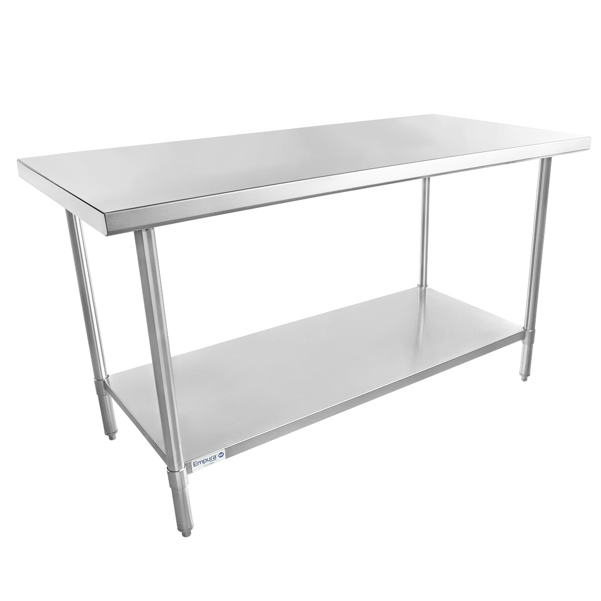 An NSF stainless steel work table with a smooth, flat top, four cylindrical legs, and an undershelf for extra storage. Its simple, industrial design is ideal for commercial kitchens and features adjustable feet for stability.