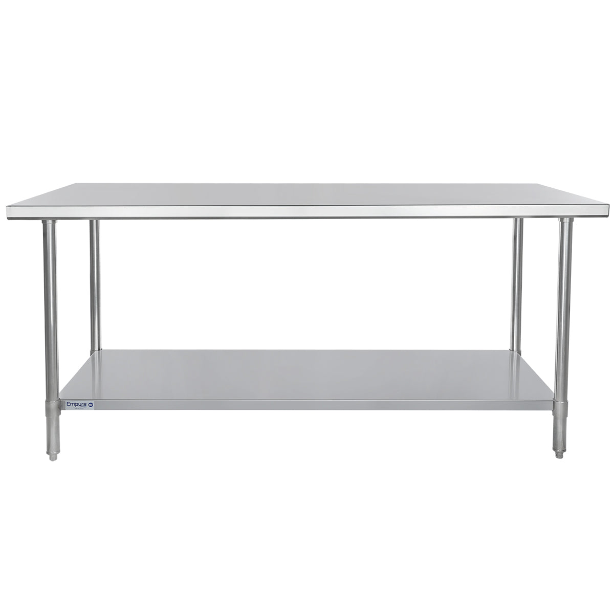 A 72 inch stainless steel work table with four legs and a lower shelf for extra storage. The NSF work table features a smooth, flat top surface and simple, industrial design, ideal for kitchens or workspaces. The background is plain white.