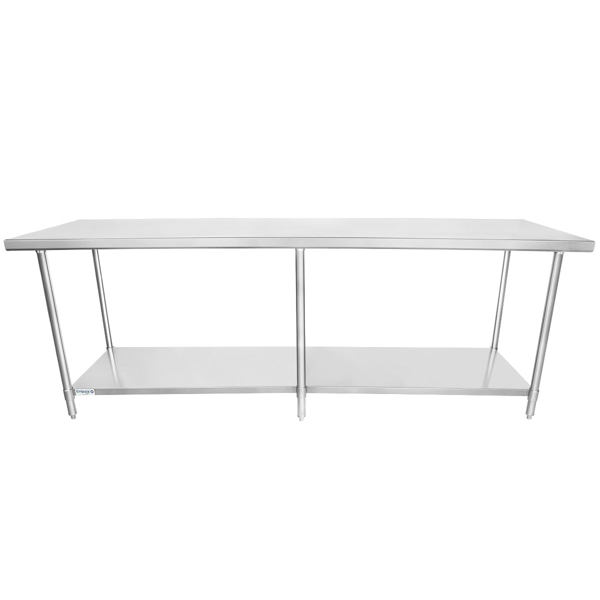 A large, rectangular 96 inch stainless steel work table with four legs and an undershelf for storage. The design is simple and industrial, suitable for kitchens, laboratories, or workshops. The surface and shelf appear smooth and easy to clean.