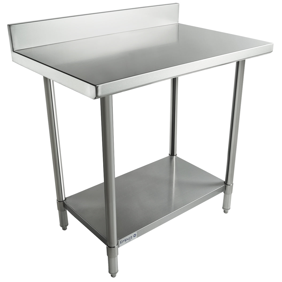 This 36 inch stainless steel work table features a backsplash, four sturdy legs, and an adjustable lower shelf. Its smooth surface and clean, industrial design make it perfect for commercial kitchens or food prep areas.