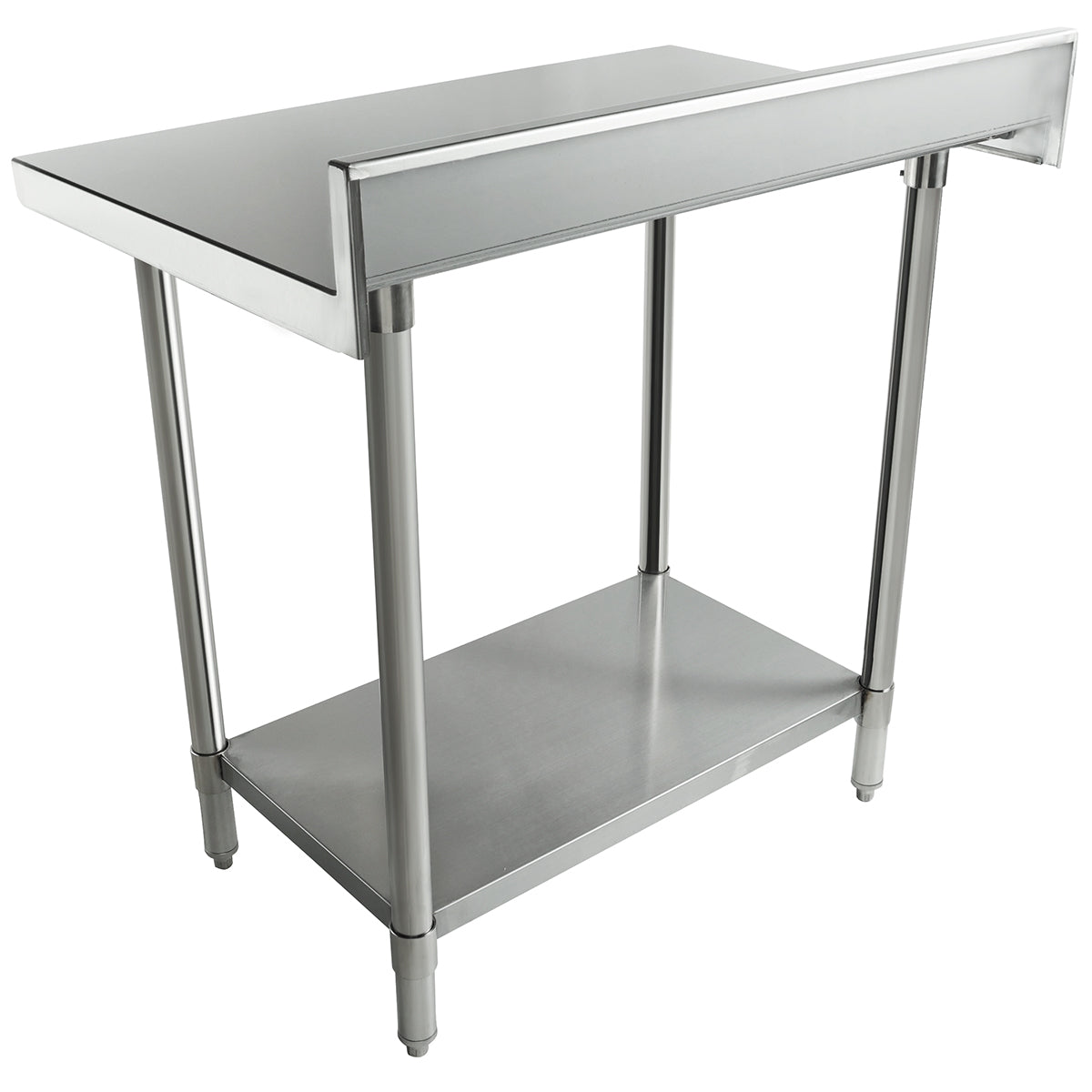 A 36 inch stainless steel work table with four sturdy legs, a flat top surface, side and back splash guards, and an undershelf for extra storage. The clean, industrial design is perfect for kitchens or workshops.